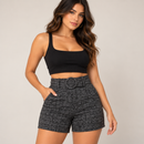 Short Feminino Cintura Alta Mesclado com Cinto Fixo e Bolsos
