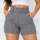 Short Feminino Cintura Alta Mesclado com Cinto Fixo e Bolsos
