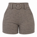 Short Feminino Cintura Alta Mesclado com Cinto Fixo e Bolsos